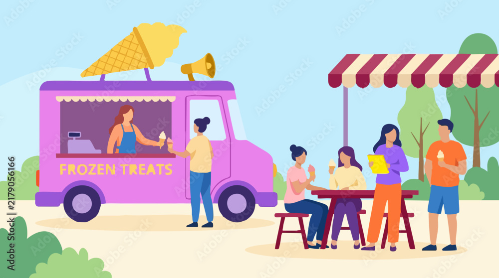 Naklejka premium Ice Cream Truck Serving Frozen Treats to People in a Park