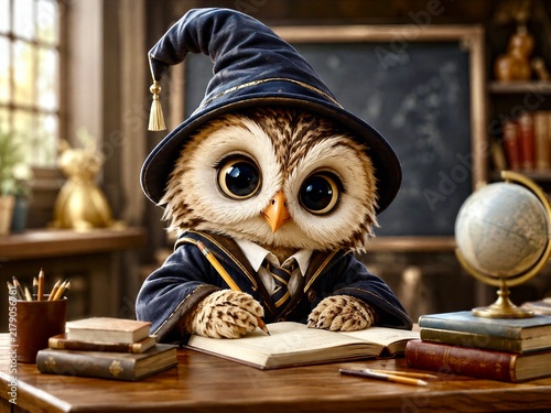 Cute Owl Wizard Student Writing in Classroom Book