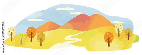 水彩風の秋の山の風景イラスト：紅葉の連山と木々・小道のフレーム素材 / Watercolor Autumn Mountain Landscape Vector Illustration