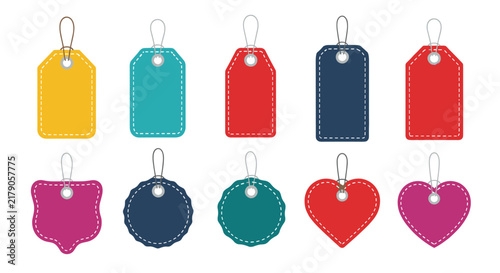 Set of various price tags and gift labels comes in different shapes like rectangular, circular, and heart in many vibrant colors.