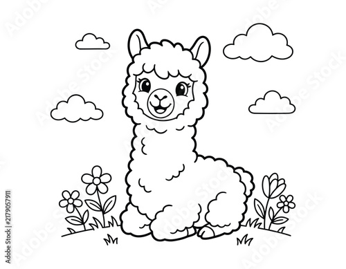 Cute smiling llama sitting on grass surrounded by flowers and clouds for coloring page illustration with coloring