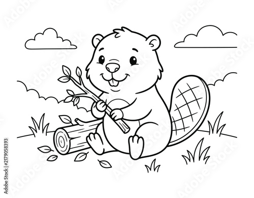 Cute beaver sitting near log holding branch with leaves in meadow for coloring page vector illustration