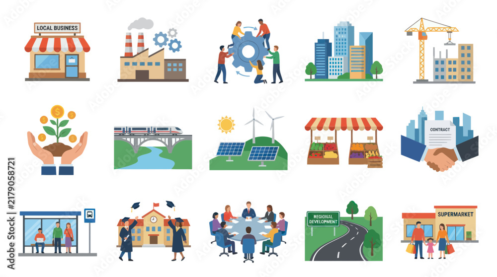 Fototapeta premium Flat Design Icons: Business, Finance, Industry, and Development Concepts