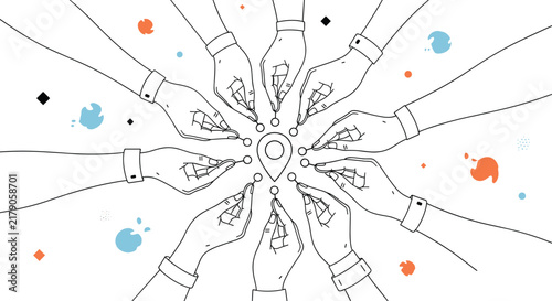 Multiple human hands holding pins and placing them around a central location map marker icon symbolizing global teamwork and unity.
