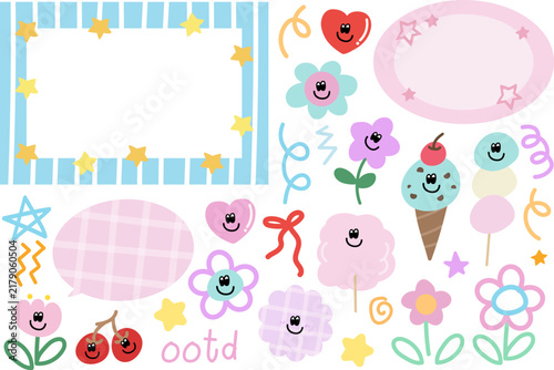 Cute vector illustrations of happy flowers, heart, ice cream cone, Japanese dango, cotton candy, cherry, frame, text bubble, name tag for background, polaroid frame, stickers, character, sweet dessert