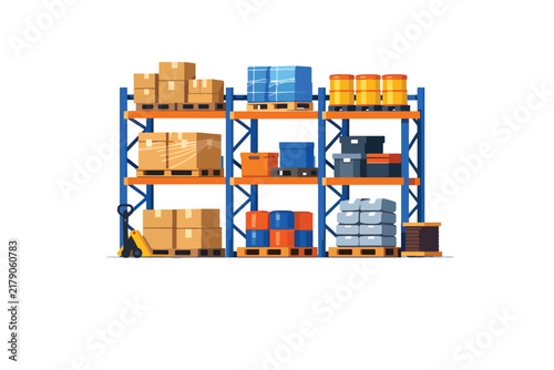 Warehouse storage shelves with stacked boxes and pallets