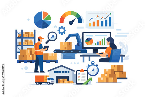 Logistics and warehouse management concept with workers and analytics