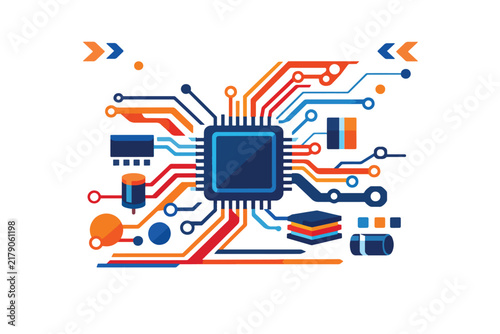 Modern circuit board technology concept with colorful connections