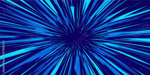 Dynamic bright cyan blue comic speed line zoom radial burst dark space background vector illustration