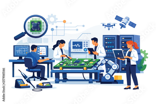 Team of engineers working on robotics and electronics in a modern lab