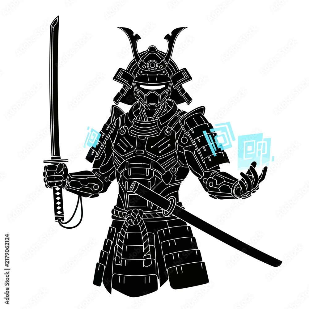 Obraz premium Futuristic Samurai Warrior with Katana Sword and Digital Energy