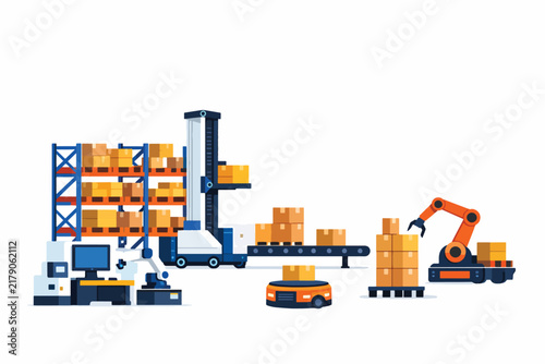 Automated warehouse with robots and conveyor belts handling boxes