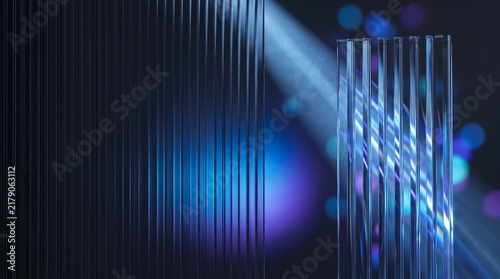 Abstract glowing vertical light beams and glass bars in a dark futuristic scene. Technology backdrop for data visualization, innovation branding, cyber presentation, and digital interface themes.  