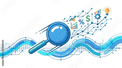 Magnifying Glass Scanning Financial Data Wave with Business Icons