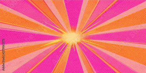 Vibrant pink orange glowing sunburst starburst radial rays comic burst background template vector illustration design
