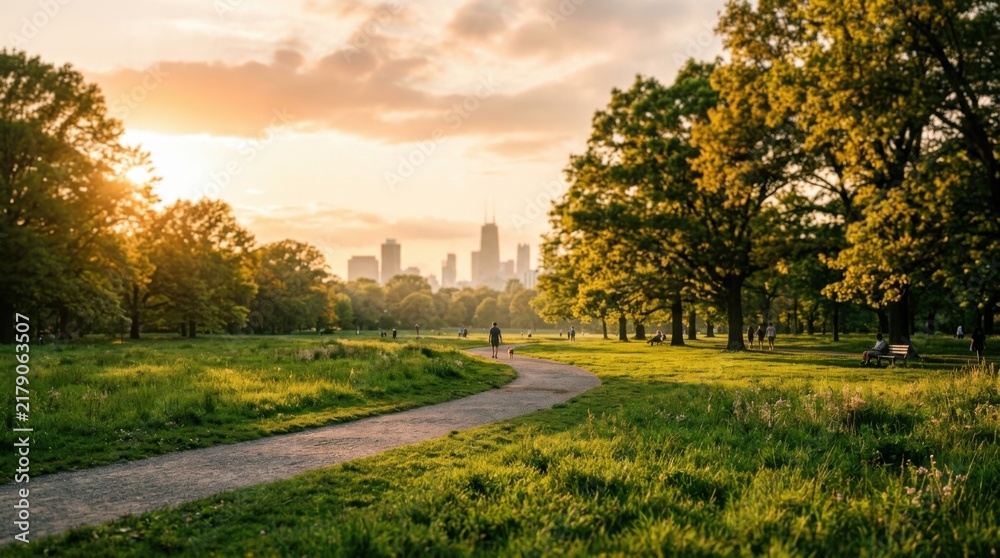 Obraz premium City park path during a beautiful golden sunset