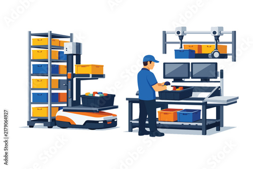 Worker operating automated warehouse system with robotic equipment