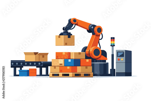 Industrial robot arm handling boxes in automated warehouse