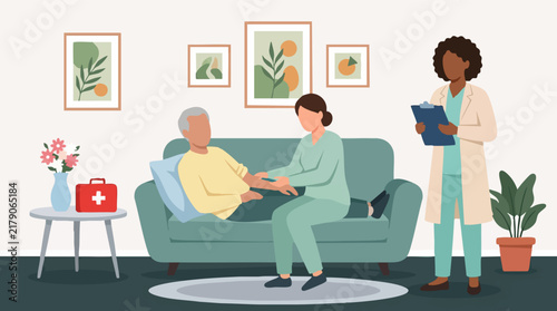 Professional medical team providing in-home care for senior patient