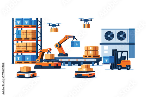 Automated warehouse with robots, drones, and forklifts handling packages