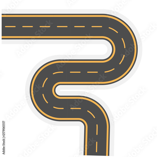 Vector illustration of a dark asphalt road featuring multiple smooth bends and turns with orange dashed lane markings, forming an extended winding path. Great for travel apps, route tracking
