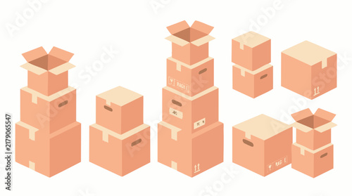 Stacks of cardboard moving boxes, relocation and storage concept