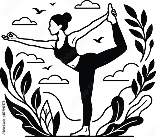 Woman performing dancer yoga pose with mudra hand gesture inside decorative floral frame design.
