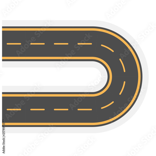 Vector graphic of a dark asphalt road forming a smooth U-turn shape with bright orange dashed lane markings. Ideal for traffic sign design, navigation icons, and route mapping illustrations.
