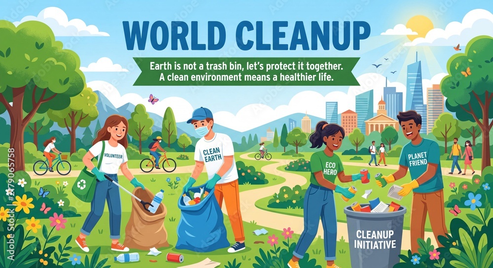Fototapeta premium World Cleanup Day Banner with Diverse Volunteers Cleaning City Park