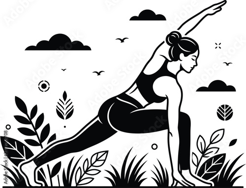 Woman performing yoga lunge pose with arm raise surrounded by plants for fitness and wellness.