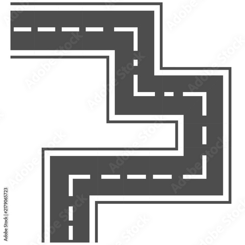 Vector illustration of a gray asphalt road with sharp right-angle zigzag turns and white dashed lines, forming a staircase-like path. Perfect for maze, puzzle, city grid, and navigation design project