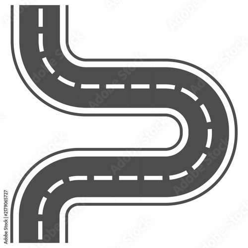 Minimalist vector illustration of a plain gray asphalt road winding in an S-shape with white dashed center lines. Clean flat icon suitable for navigation apps, travel graphics, and infographic design.