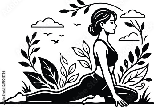 Woman performing yoga pigeon pose illustration black silhouette against peaceful nature background.