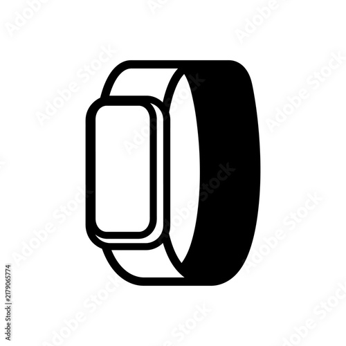 A black silhouette of a wrist worn fitness tracker with a rectangular screen is displayed