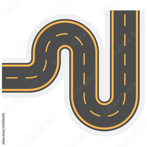 Vector graphic of a dark asphalt zigzag road featuring bright orange dashed lane markings, curving in a U-shape pattern. Ideal for GPS navigation, delivery service branding, travel apps, and route map