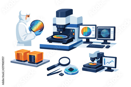 Scientist analyzing data on computer with lab equipment and microscope