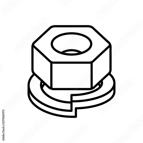 A hexagonal nut with a washer is depicted as a black and white line drawing