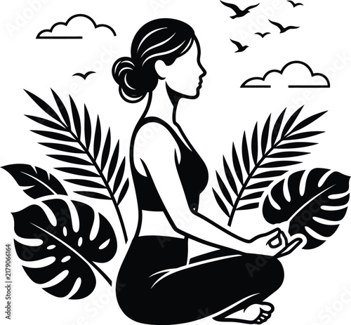 Woman practicing yoga lotus pose with palm leaves and clouds for wellness identity projects.