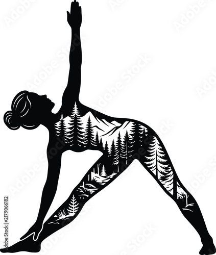 Woman practicing yoga triangle pose with forest mountain landscape inside vector design.