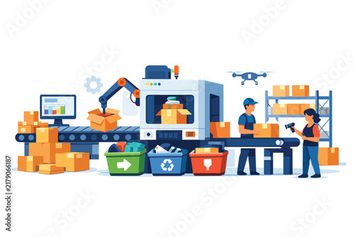 Automated warehouse with conveyor belts and workers handling packages