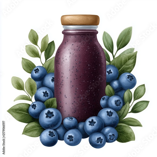 splash Blueberry watercolor juice bottle with natural organic skincare extract element set