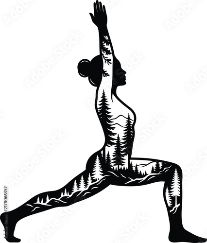 Woman practicing yoga with nature design inside her body silhouette for health and wellness.