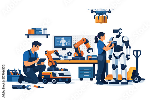 Engineers working with robots and drones in modern workshop