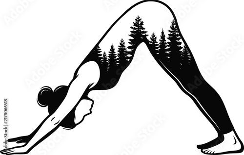 Woman silhouette in downward facing dog yoga pose with pine forest landscape illustration.