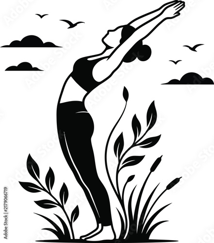 Woman silhouette practicing yoga upward salute pose surrounded by natural elements illustration.