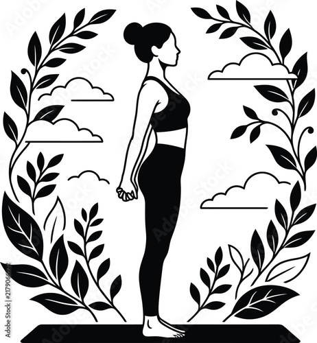 Woman yoga pose with plants and clouds on transparent background vector illustration for wellness.