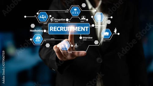 Fotografie This stock image showcases a modern recruitment process with a digital interface, emphasizing job roles, headhunting techniques, and employee interviews in a professional setting