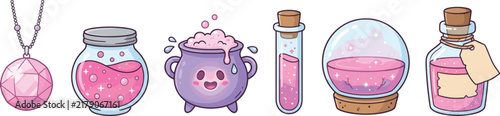 Cute magical potion and crystal objects in whimsical cartoon fantasy vector illustration set with sparkling details
