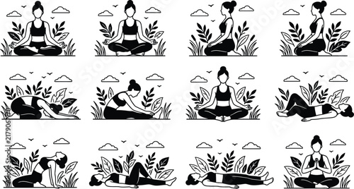 Yoga meditation poses black line art silhouettes with botanical garden leaves for mental health.