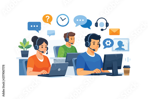 Customer support team working with laptops and headsets in office